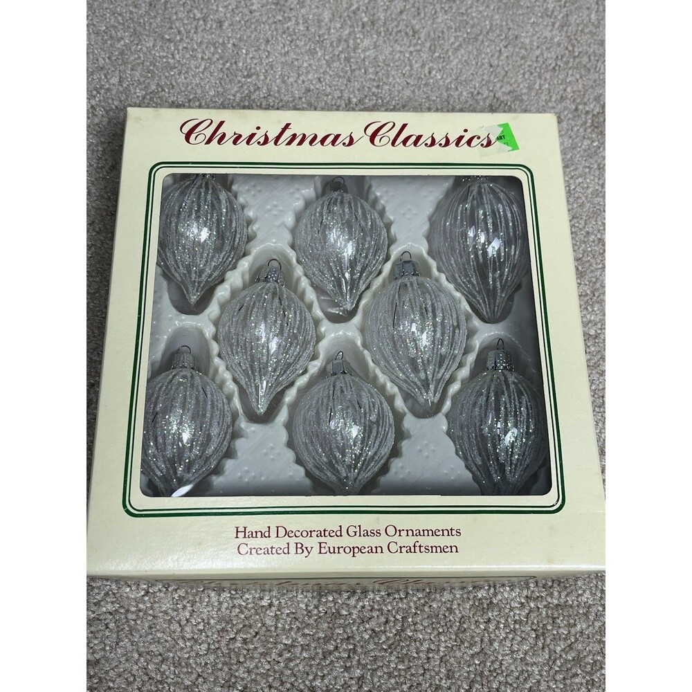 8 Vtg Commodore Christmas Classics Clear Glass Teardrop Ornaments White Glitter